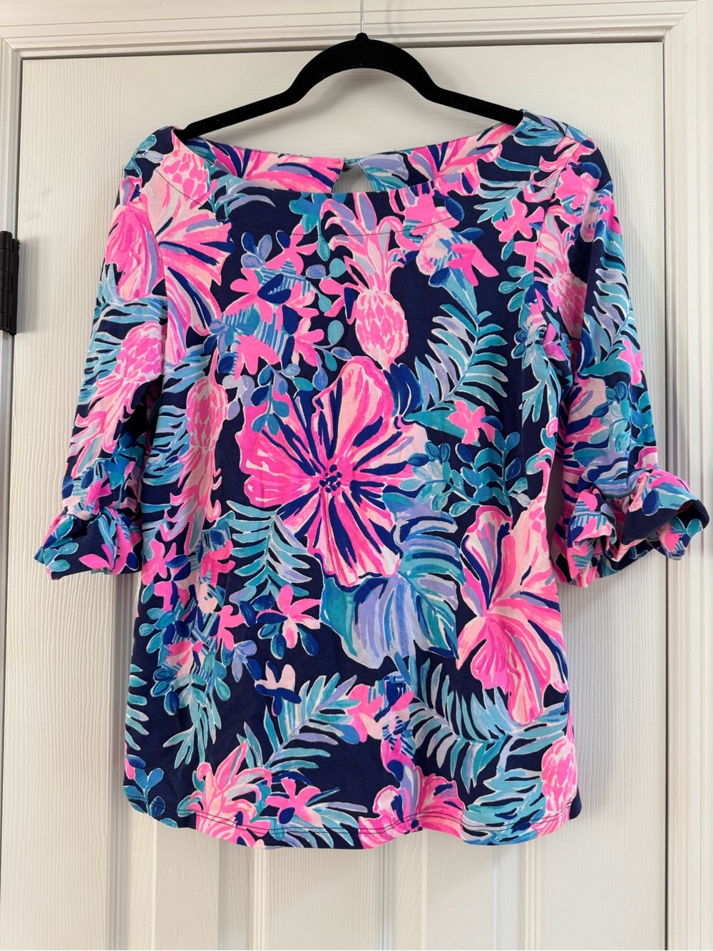 Lilly Pulitzer Navy Floral Boatneck Top with Pink & Teal Accents
